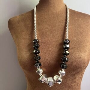 Dana Buchmann Silver Black Geometric Beaded Statement Necklace 30-32.5" Eclectic